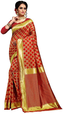 Blissta Woven Kanjivaram Silk Blend Saree(Red)