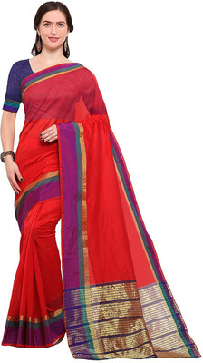 Kimisha Solid/Plain Maheshwari Silk Blend Saree(Red)