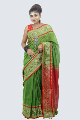 AngaShobha Paisley, Solid/Plain Handloom Handloom Cotton Blend Saree(Green)