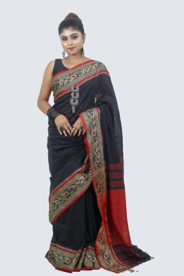 AngaShobha Paisley, Solid/Plain Mysore Handloom Cotton Blend Saree(Black)