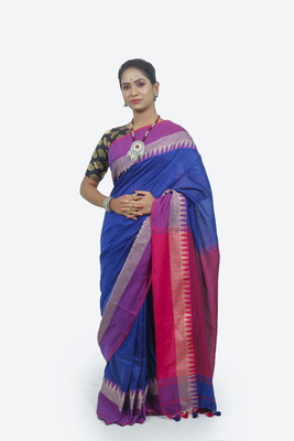 AngaShobha Color Block, Temple Border Handloom Cotton Blend Saree(Blue)