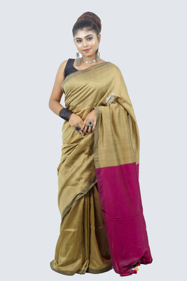 AngaShobha Woven, Solid/Plain Handloom Handloom Cotton Blend Saree(Beige)