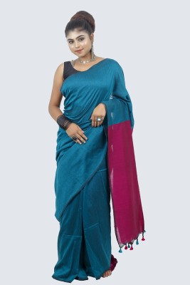 AngaShobha Floral Print Handloom Handloom Cotton Blend Saree(Blue)