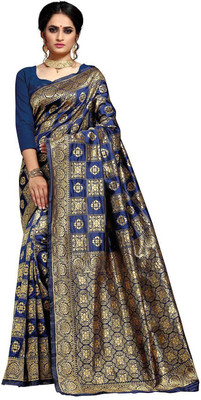 Blissta Woven Patola Silk Blend Saree(Dark Blue)