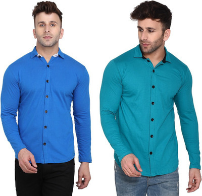 Lawful Casual Men Solid Casual Dark Blue, Light Green Shirt(Pack of 2)