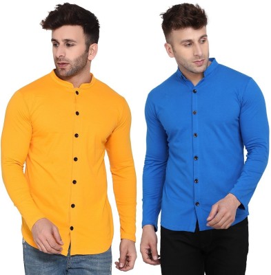 BEYOU FASHION Men Solid Casual Blue, Yellow Shirt(Pack of 2)