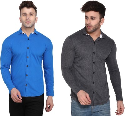 Lawful Casual Men Self Design, Solid Casual Dark Blue, Grey Shirt(Pack of 2)