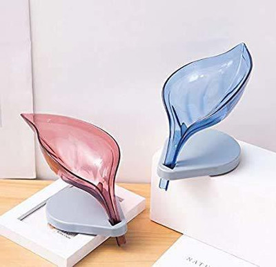 Dhasmana Leaf Drainage Soap Stand Holder Box Plastic Soap Dishes Self Draining Case Container with Drain and Suction Cup for Bathroom Kitchen(Blue, Pink)