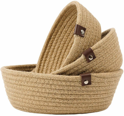 Textile and Beyond Jute small box mini rope paper storage JUTE basket woven laundry bag brown hamper baby nursery tray bucket organizer set of 3 for kids toys, fruits, kitchen, office, shelfs D.1 Storage Basket(Pack of 3)