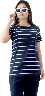 PRW FASHION Striped Women Round Neck Blue, White T-Shirt