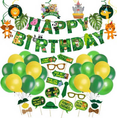 ZYOZI Jungle Safari Happy Birthday Decoration Kids,Animal Birthday Party Decoration Banner with Latex Balloons, Jungle Swirls and Photobooth Props for Boy Birthday 1st 2nd 3rd 16th 18th 21st (Pack of 50)(Set of 50)
