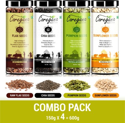 Coreganic Certified Raw Combo Seeds Value Pack (FLax Seed,Chia Seed,Pumpkin Seed & Sunflower Seed) Golden Flax Seeds, Chia Seeds, Sunflower Seeds, Pumpkin Seeds(600 g, Pack of 4)