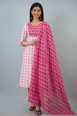 Maluka Geometric Print Kurta, Trouser/Pant & Dupatta Set