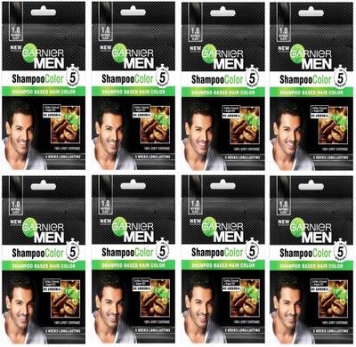 GARNIER Men Shampoo Based Hair Color 1.0 natural Black Hair Color 8 Pack , Black