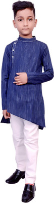 LIBSADRESSES Boys Embroidered Asymmetric Kurta(Dark Blue)