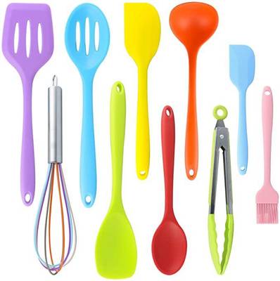 ziaon Silicone Cooking Kitchen Utensils Set 10 PCS Multi Color Utensils, Silicone Heat-Resistant Non-Stick Kitchen Cooking Tools, Whisk, Spoon, Brush, Spatula, Ladle Slotted Turner Tongs Pasta Fork Utensil Set (Multicolour) Multicolor Kitchen Tool Set