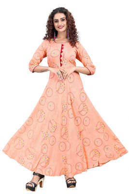 meesorra Women Printed Anarkali Kurta(Beige)