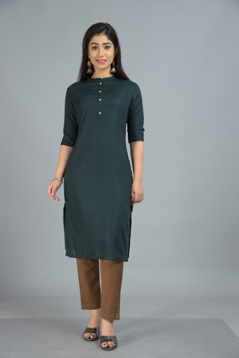 Demirner Women Solid Straight Kurta(Green)