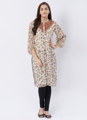 FUSION BEATS Women Printed Straight Kurta(White)