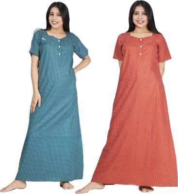 FAVNIC Women Nighty(Green, Orange)