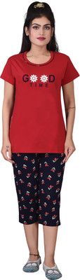 Garmium Women Printed Red, Black Top & Capri Set