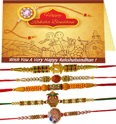 ME&YOU Designer Designer Rakhi IZ21Rakhi50/51/52/56/57-01 Mauli Thread Greeting Card, Rakhi  Set(5 Designer Rakhi, 1 Rakhi Wishing Card)