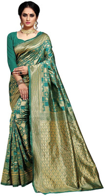 Kimisha Woven Banarasi Silk Blend Saree(Green)
