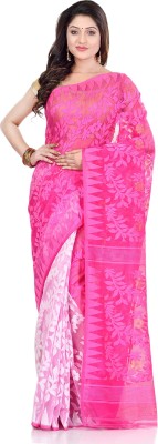 Desh Bidesh Self Design Jamdani Pure Cotton Saree(White, Pink)