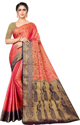 Adirotz Woven Banarasi Jacquard Saree(Pink)