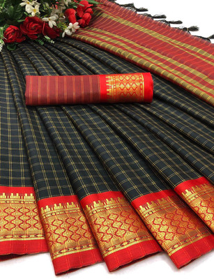 nilfashion Printed Chettinadu Cotton Blend, Cotton Silk Saree(Red, Black)