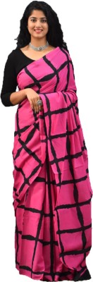 NIKHILAM Printed, Checkered Daily Wear Pure Cotton Saree(Pink)