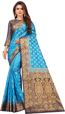 Perfect Wear Woven Kanjivaram Cotton Silk Saree(Light Blue)