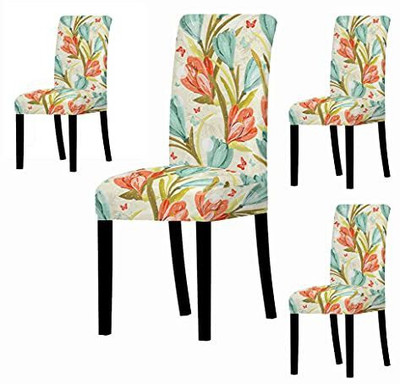 HOUSE OF QUIRK Polyester 1 Seater Chair Floral Cover(Pack of 4 Beige Tulip)