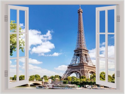 Psychedelic Collection 61 cm Beautiful Colorful Eiffel Tower Window Illusion Wall Sticker ( PVC Vinyl, Multicolour, Wall Covering 92 Cm X 61 Cm)_PCWI01_PCWIXL90 Self Adhesive Sticker(Pack of 1)