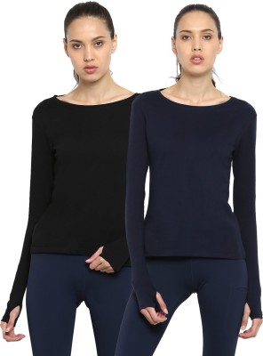 Ap'pulse Solid Women Round Neck Dark Blue, Black T-Shirt