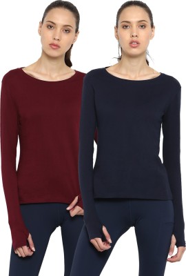 Ap'pulse Solid Women Round Neck Dark Blue, Maroon T-Shirt