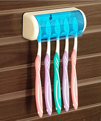 WHITEIBIS Plastic 5 Hole Dust-Proof Wall Mounted Toothbrush Holder with Cover Storage Stand for Home Bathroom Accessories Set Plastic Toothbrush Holder(Wall Mount)