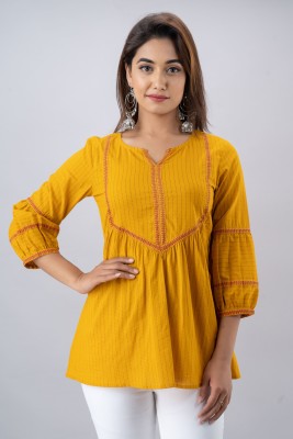 Myaza Casual Embroidered Women Red, Yellow Top