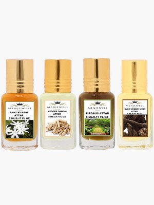 Menjewell Combo Pack of 4PCs Attar(Raat Ki Rani 5Ml,Mysore Sandal 5Ml,Firdaus 5Ml,Oudh Wooden Musk 5Ml)Attar Perfume Floral Attar(Floral, Musk, Sandalwood)