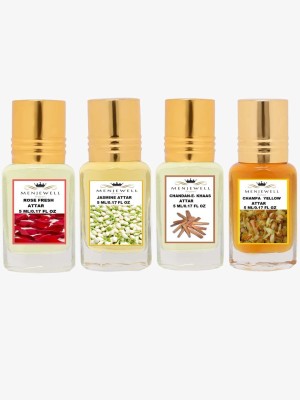 Menjewell Combo Pack of 4PCs Attar(Rose Fresh 5Ml,Jasmine 5Ml,Chandan-E-Khaas 5Ml,Champa Yellow 5Ml)Attar Perfume Floral Attar(Floral, Sandalwood)