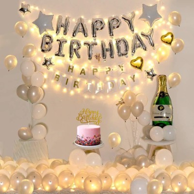 Party Propz Solid Silver Happy Birthday Decorations Kit Combo - 49Pcs Birthday Decorations Kit with Fairy Light, Banner, Balloons, Champange Foil, Cake Topper, Star Foil 49pcs for Birthday Party Decoration Girls, Boys, Husband Balloon(Silver, Pack of 49)