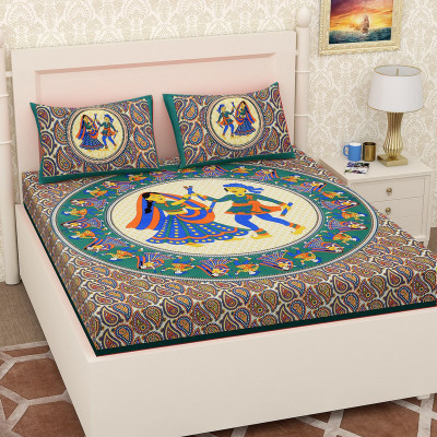PETROSOLY 144 TC Cotton Queen Jaipuri Prints Flat Bedsheet(Pack of 1, Green)