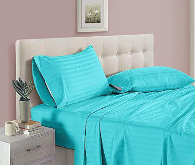 TUNDWAL'S 210 TC Cotton Double Striped Flat Bedsheet(Pack of 1, TURQUOISE BLUE)