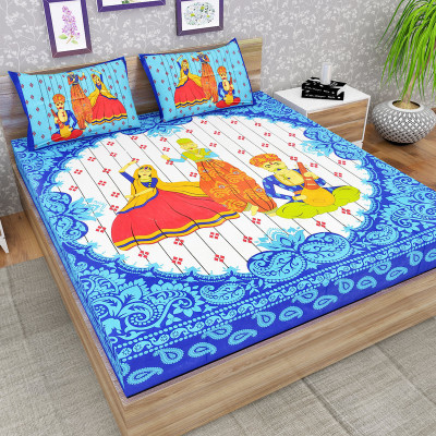 PETROSOLY 144 TC Cotton Queen Jaipuri Prints Flat Bedsheet(Pack of 1, Blue)
