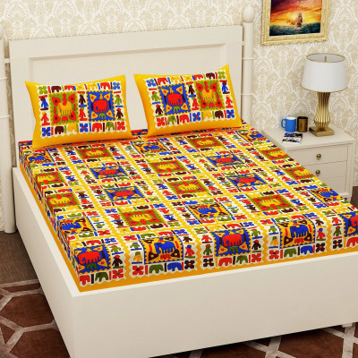 PETROSOLY 144 TC Cotton Queen Jaipuri Prints Flat Bedsheet(Pack of 1, Yellow)