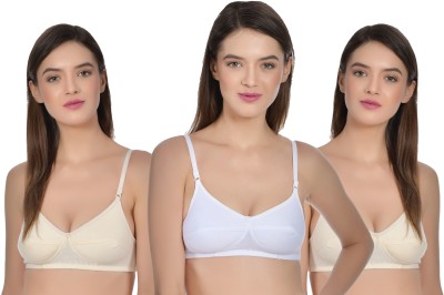 Aimly AIMLY Women's Cotton Non-Padded Non-Wired Moderate Coverage Double Cup Layered Regular Bra - (Pack of 3) Women T-Shirt Non Padded Bra(Beige, White)