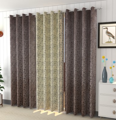 kiara Creations 153 cm (5 ft) Velvet Room Darkening Window Curtain (Pack Of 3)(Printed, Brown, Cream)
