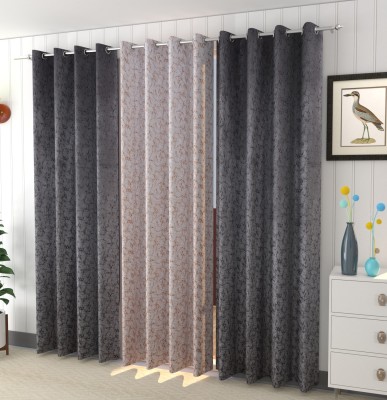kiara Creations 153 cm (5 ft) Velvet Room Darkening Window Curtain (Pack Of 3)(Printed, Grey, Gold)
