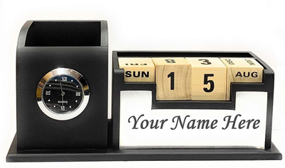 craftssrw 3 Compartments MDF and Wooden Pen Stand with Name, Table Watch & Calendar(Brown, Black)