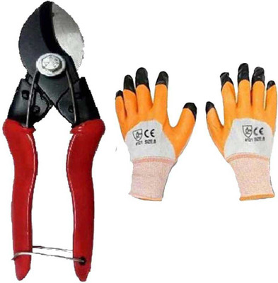 AGT Red Scissor Heavy Cutter and Hand Gloves Set of 2 - Gardening Tool Kit Garden Tool Kit (2 Tools) Garden Tool Kit(2 Tools)